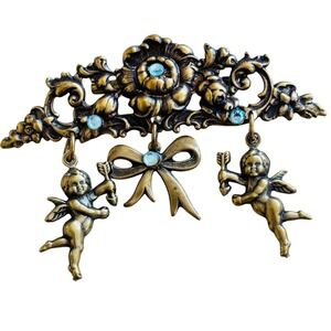 VTG Angel Cupid floral dangle pin brooch Victorian Regency style blue rhinestone